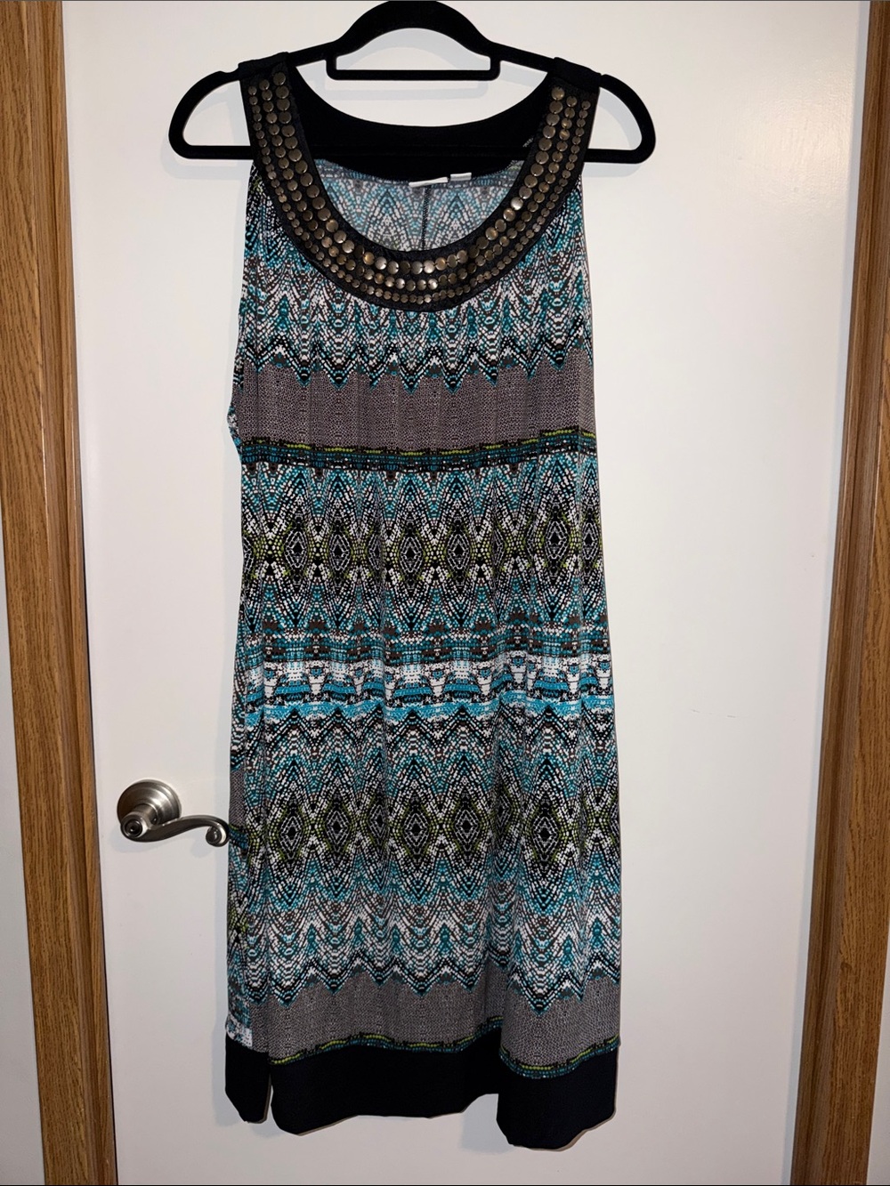 Cato Teal Black Printed Midi Dress with Studded Neckline